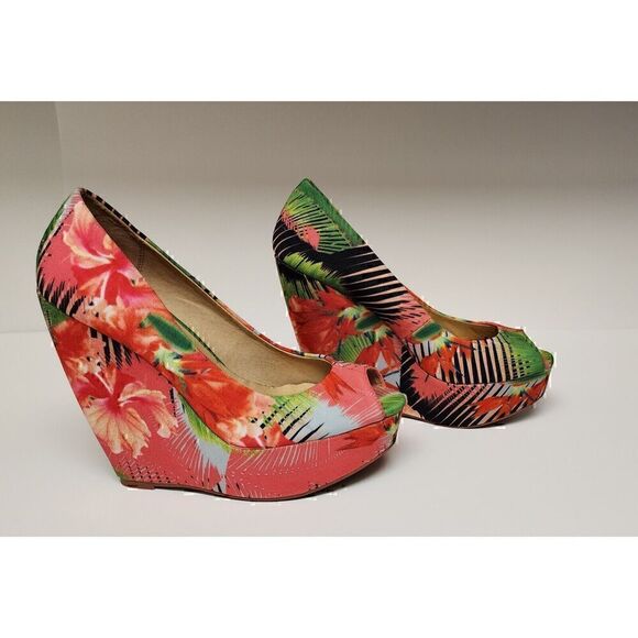 ALDO Womens Tropical Print Hazinski Peep Toe Wedges Size 7.5 - Picture 3 of 10